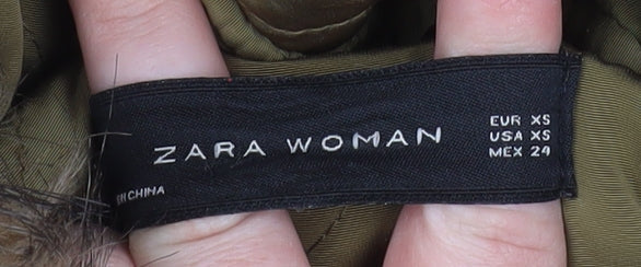 Brand and care label for Zara Woman Brown Faux Fur Trim Parka Coat XS Long Hooded Winter Jacket