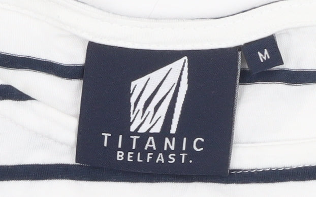 Titanic Belfast Women White Striped Nautical 3/4 Sleeve Cotton T-Shirt M