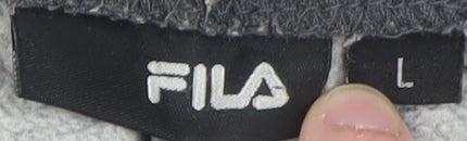 Brand and care label for Fila men’s grey l sweatpants regular fit logo joggers