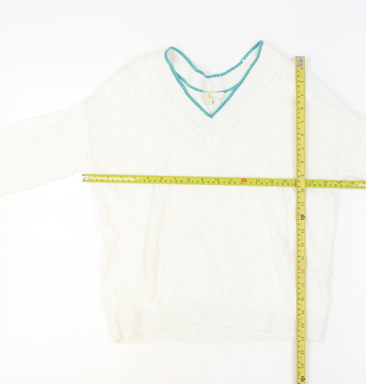 Boden Womens White Rainbow Cuff V-Neck Cotton Jumper UK 10