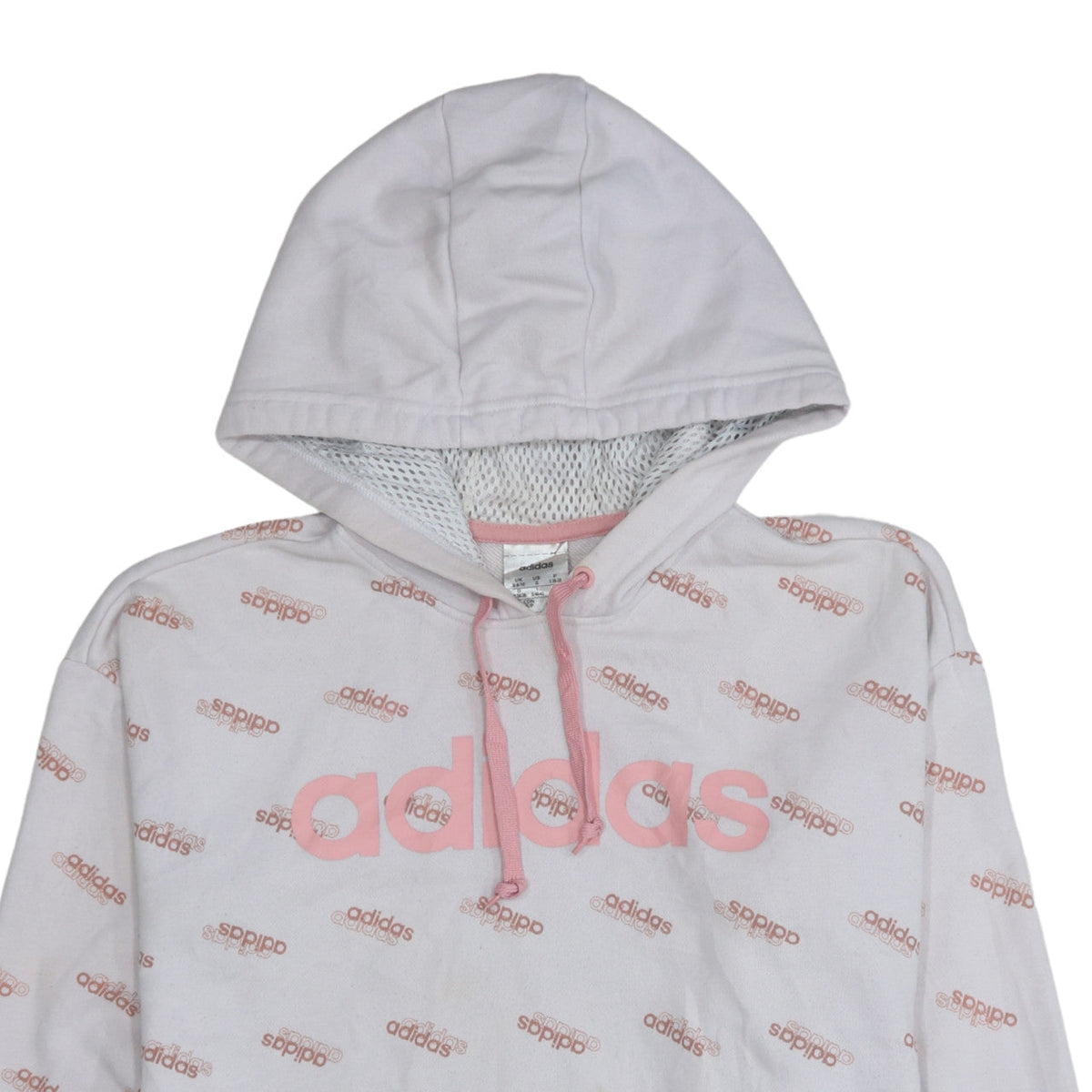 Additional view of Adidas women’s white pink logo print pullover hoodie, size S, 8-10