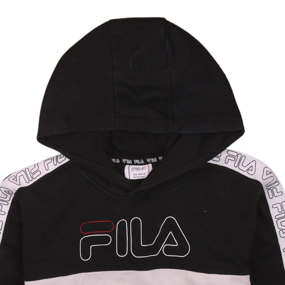 Brand and care label for Fila boys’ black hoodie 13-14 years pullover logo cotton blend