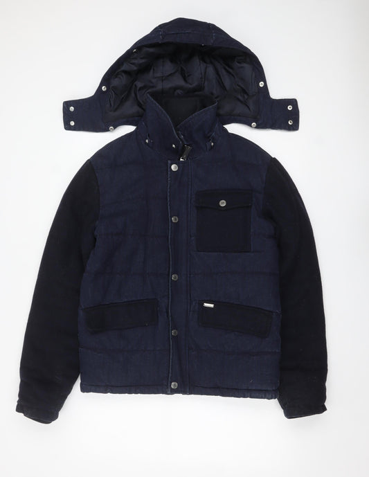 Zara Man Blue Puffer Jacket Men's M Hooded Winter Denim Cotton Blend