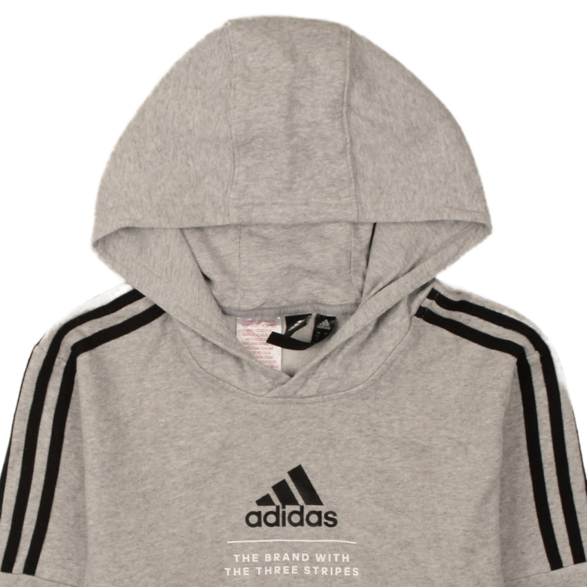 Brand and care label for Adidas boys’ grey pullover hoodie 14 years hooded fleece sweatshirt