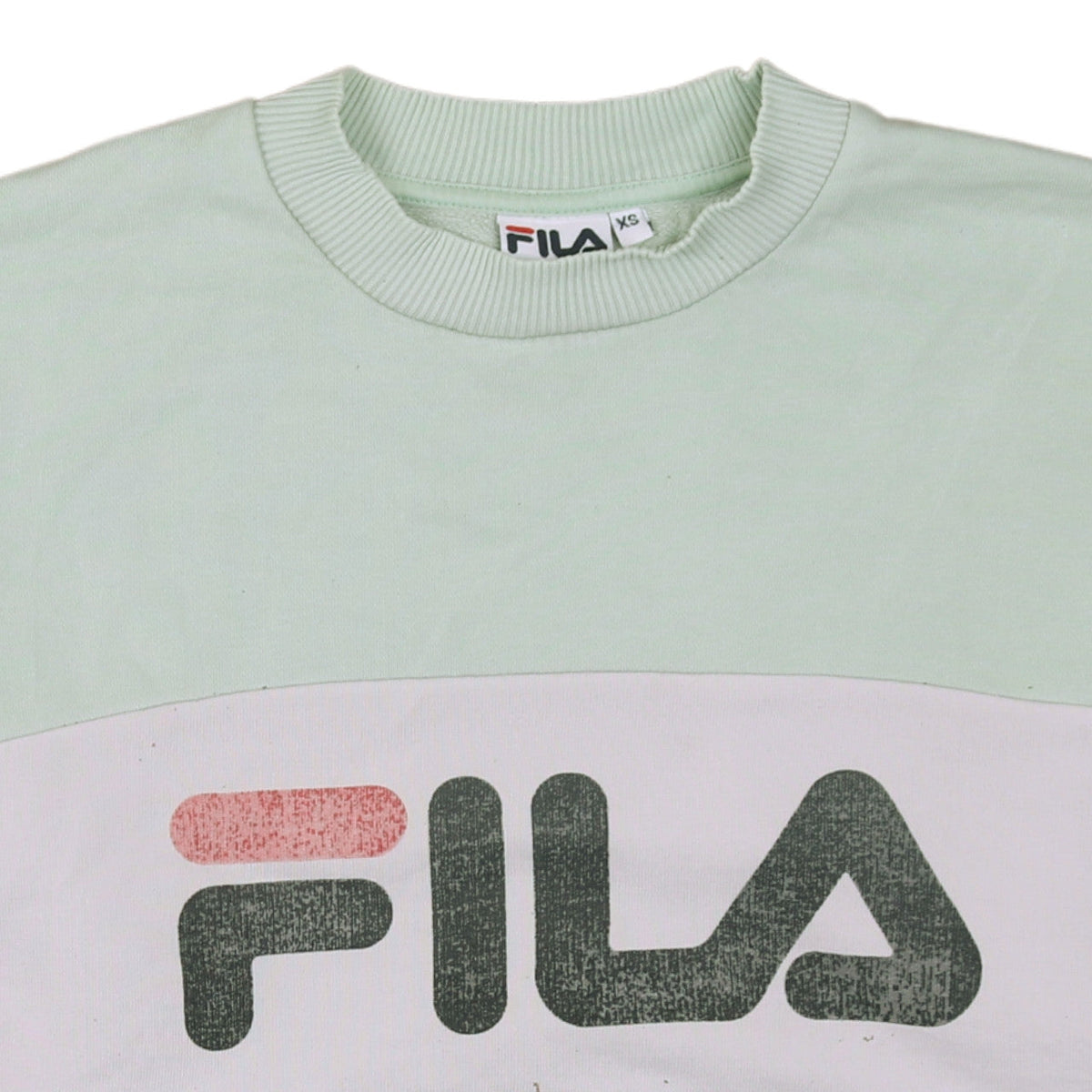 Brand and care label for Fila women’s mint green xs crew neck logo sweatshirt