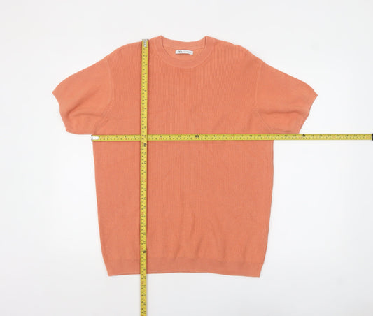 Zara Men’s Orange Ribbed Knit Cotton Crew Neck T-Shirt Size S