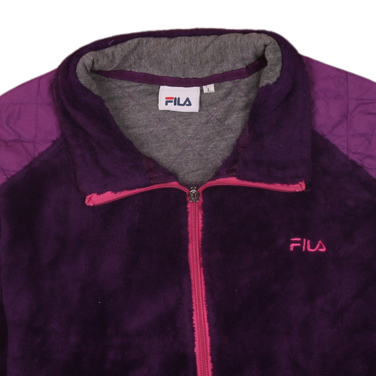 Brand and care label for Fila Women's Purple Fleece Full Zip Jacket, size L