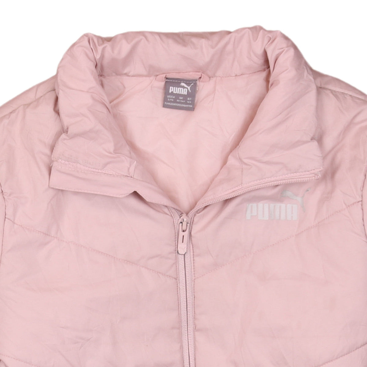 Brand and care label for Puma girls’ pink puffer jacket 13-14 years quilted full zip winter coat
