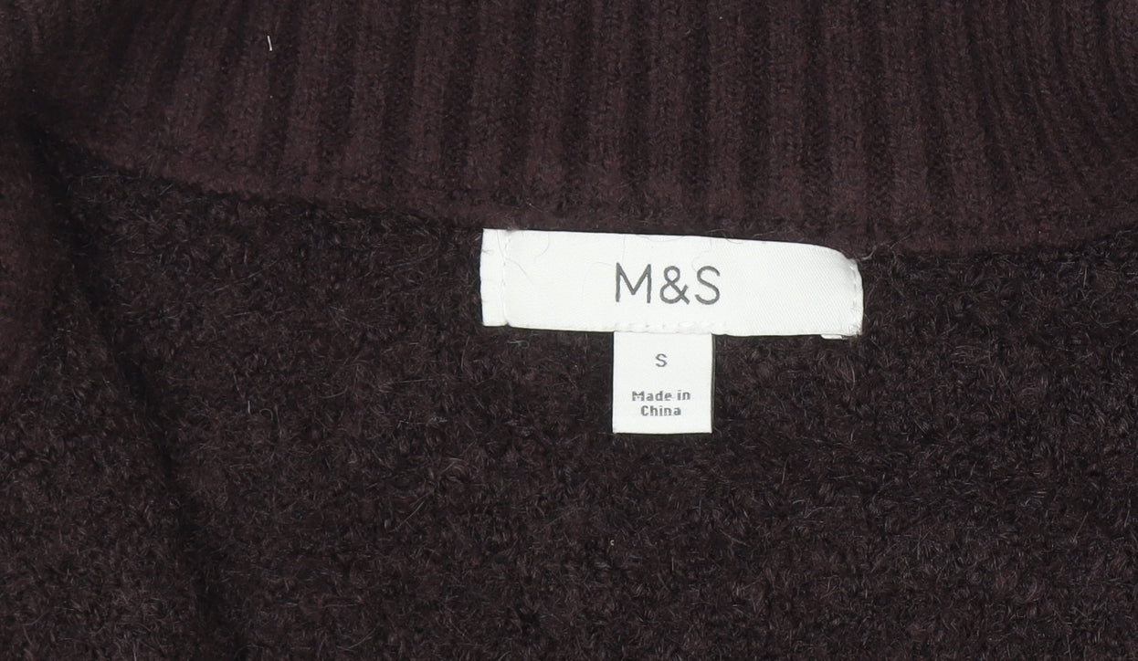 Marks and Spencer Women Brown Full Zip High Neck Wool Blend Jumper S