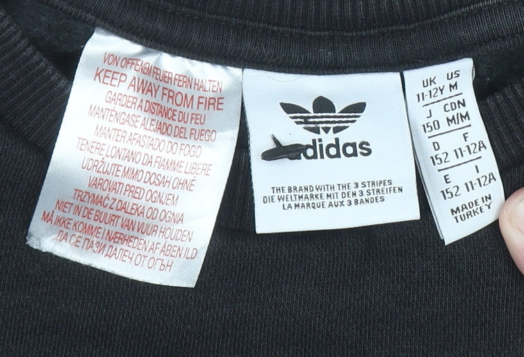 Adidas Boys Black Sweatshirt 11-12 Years Crew Neck Logo Print Fleece