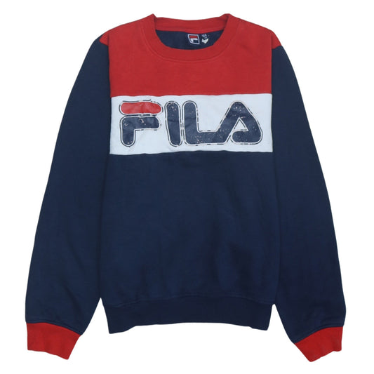 FILA Boys Blue Red Colourblock Sweatshirt 164cm Cotton Blend Logo Crew Neck