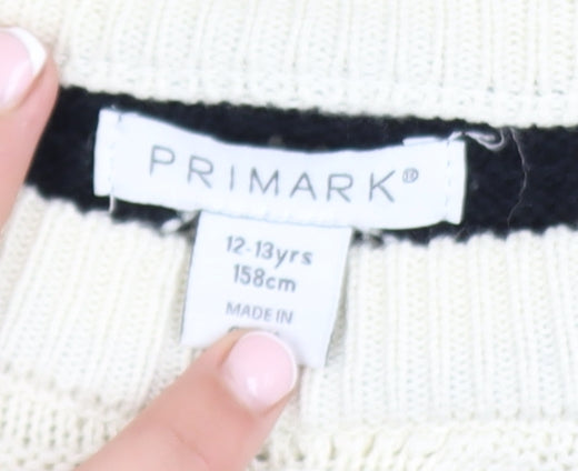 Primark Girls Black & Beige Striped Knit Jumper 12-13 Years Cotton Pullover