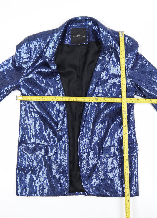River Island Women's Blue Sequin Tuxedo Blazer Size 10 Party Jacket