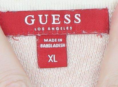 Brand and care label for Guess Women Cream Pink Logo Knit Jumper XL Long Sleeve Crew Neck