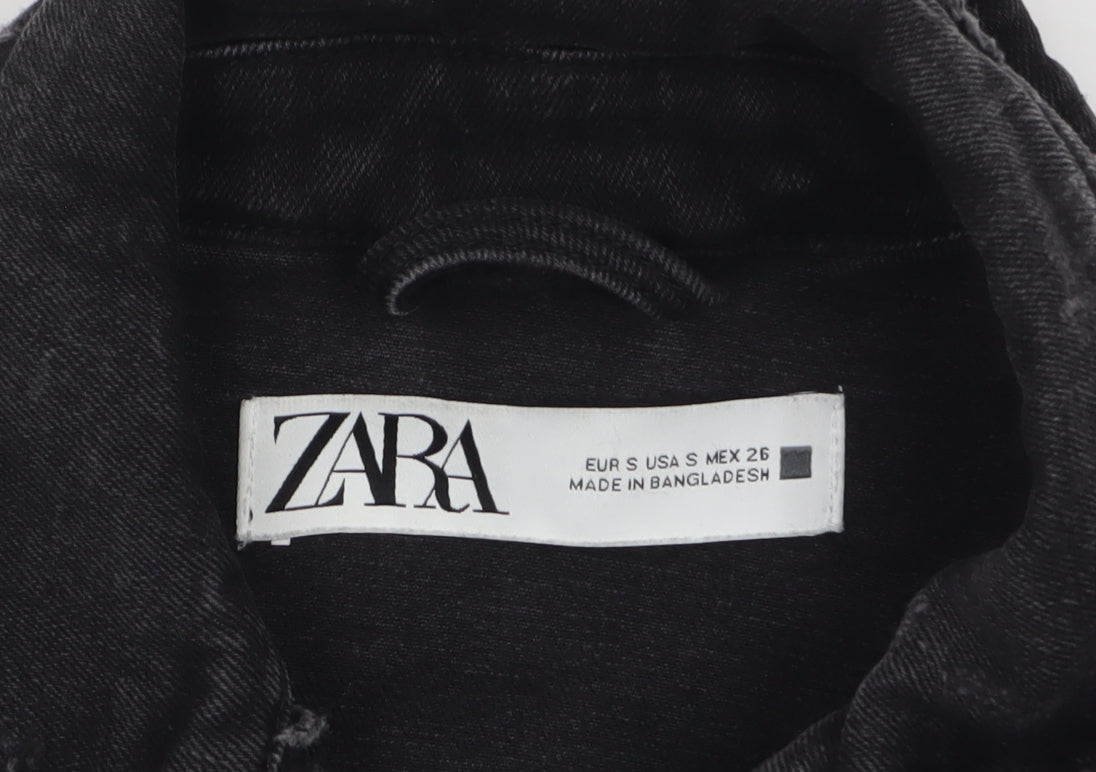 ZARA Women Black Cotton Denim Jacket Size S Classic Style