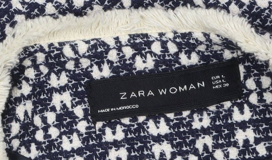 Zara Woman Blue Tweed Mid-Length Coat Size 14 Lined Fringe Detail