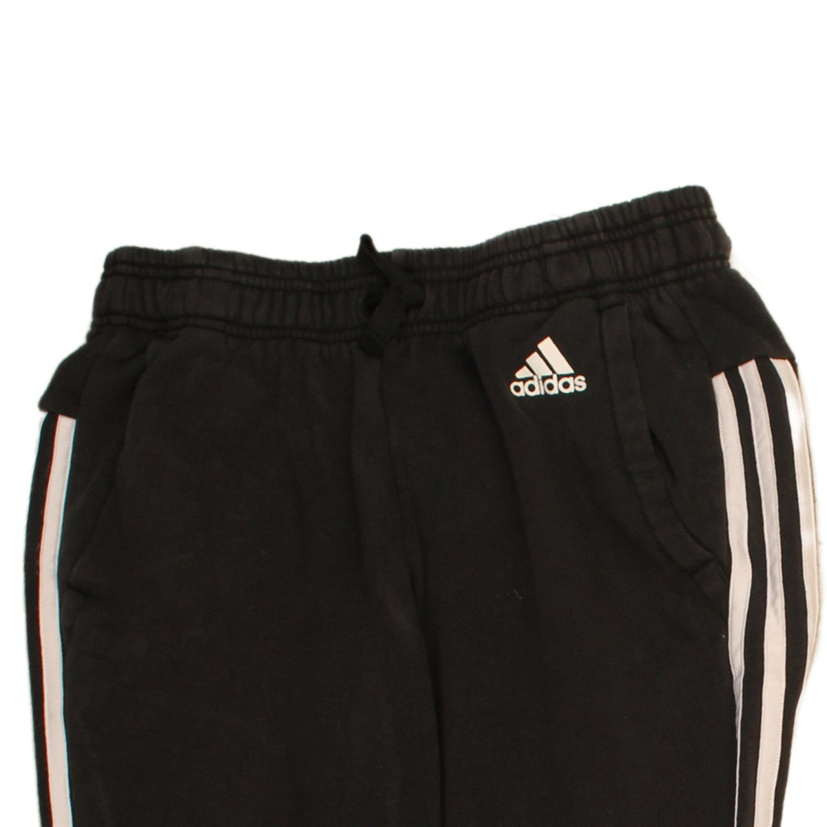 Brand and care label for Adidas women’s black small jogger sweatpants with white stripes