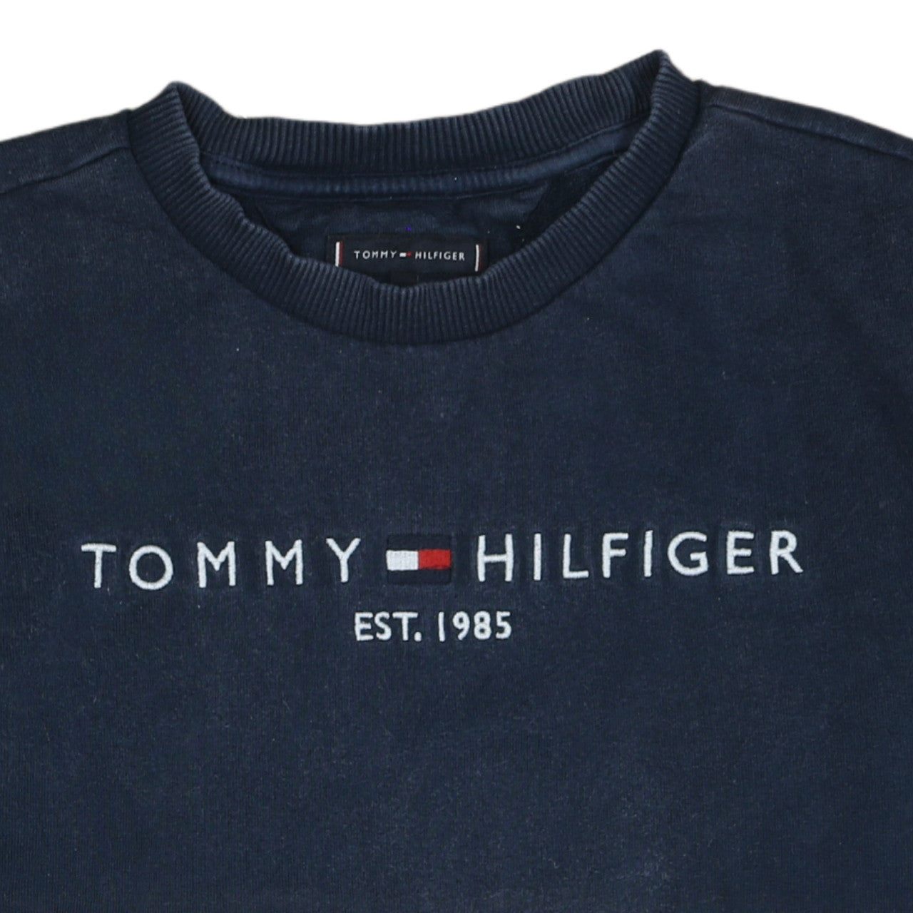 Brand and care label for Tommy Hilfiger boys’ blue 164 pullover sweatshirt embroidered logo