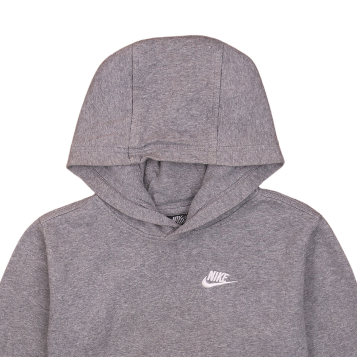 Brand and care label for Nike boys’ grey pullover hoodie xl regular fit fleece sweatshirt