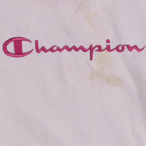 Champion Womens Pink Pullover Hoodie L Logo Print Cotton Blend