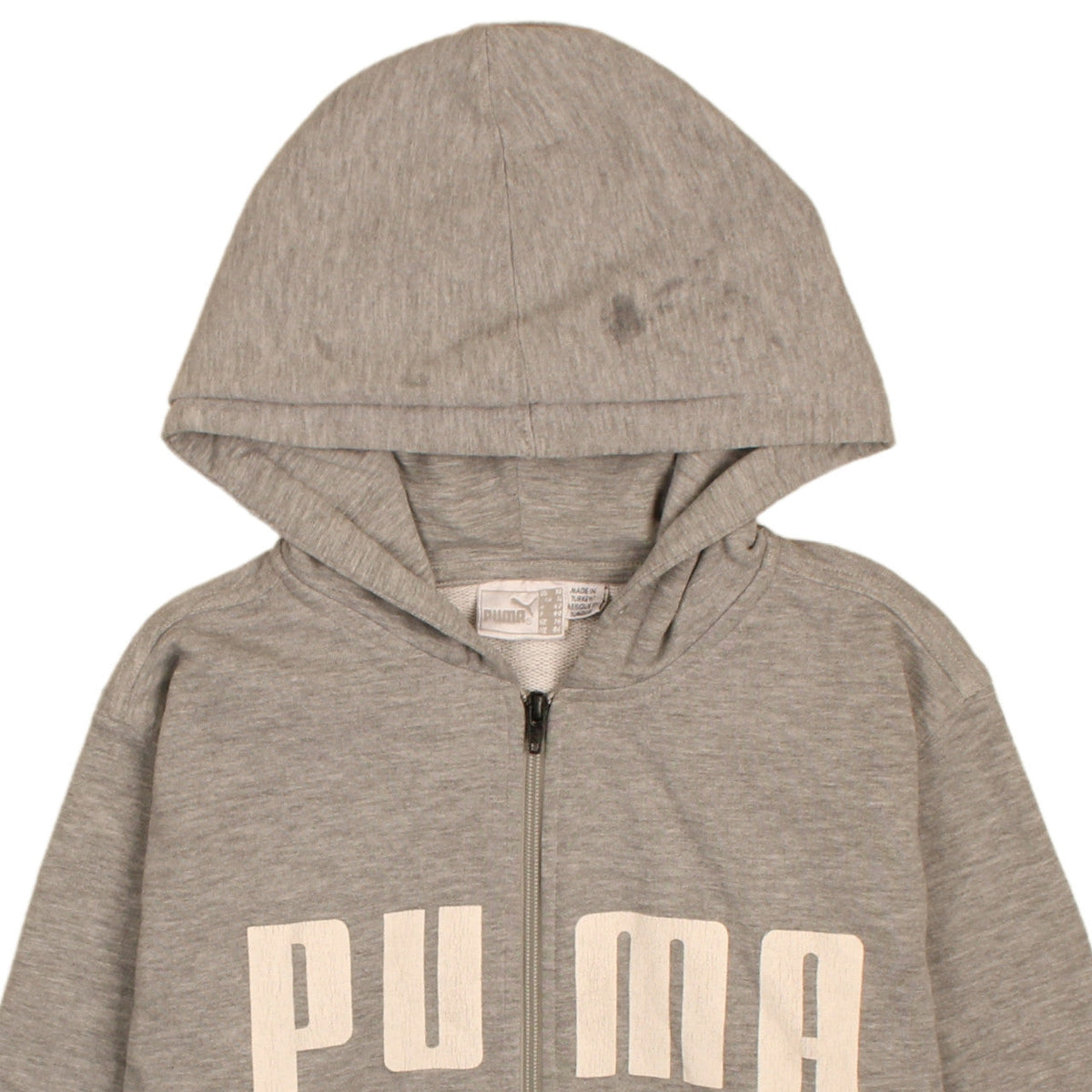 Brand and care label for Puma Women Grey Full Zip Hoodie Sweatshirt, size M