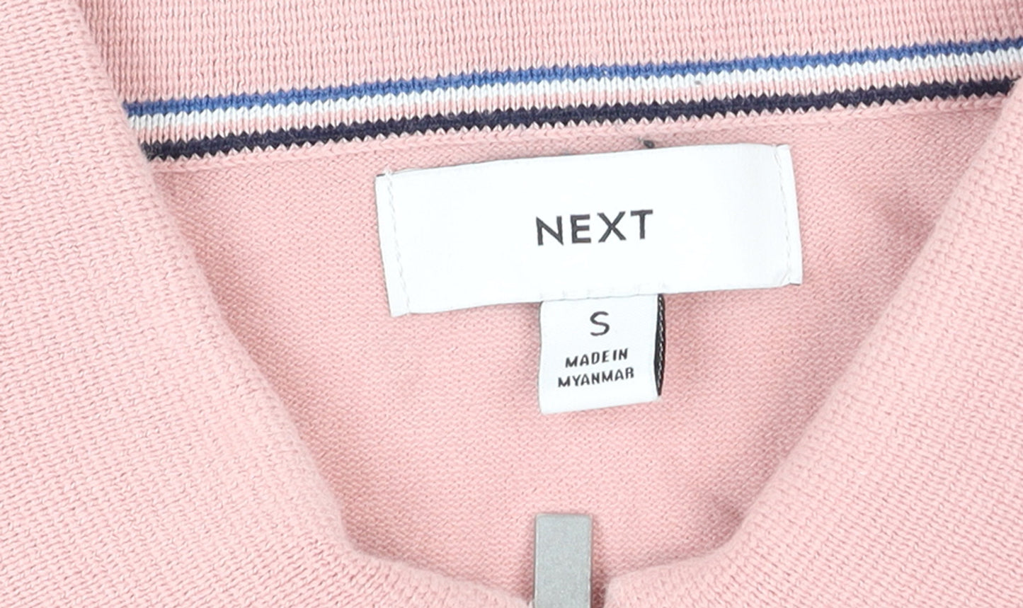 Next Men's Pink 1/4 Zip Cotton Polo Shirt Size S Regular Fit