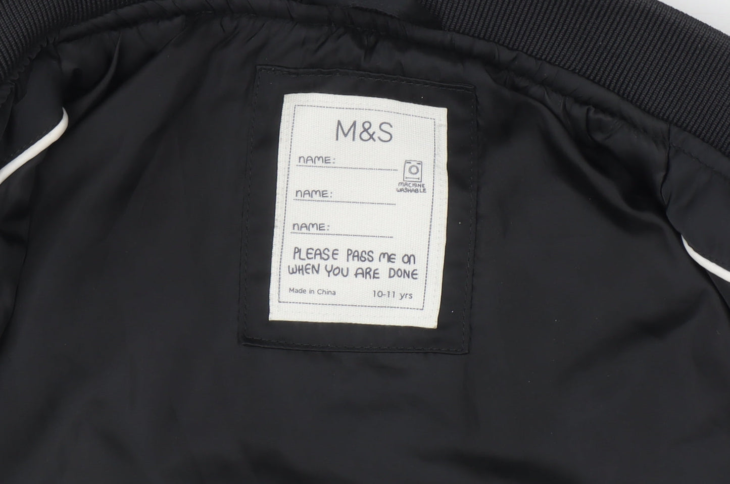 Marks and Spencer Boys Black Bomber Jacket 10-11 Years Racing Embroidered
