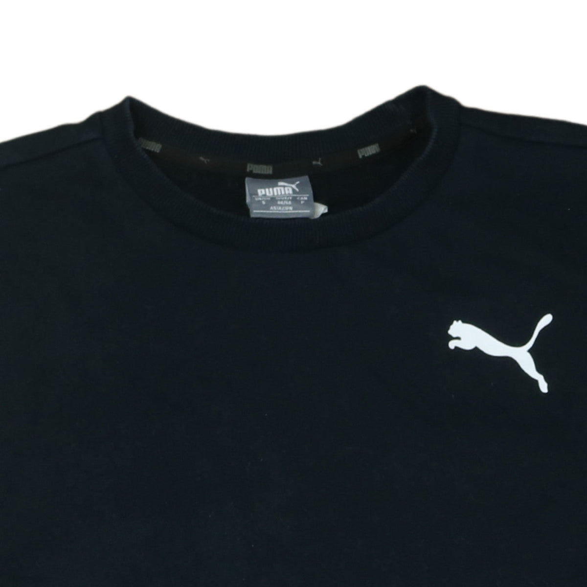 Brand and care label for Puma Men's Black Small Crew Neck Pullover Sweatshirt