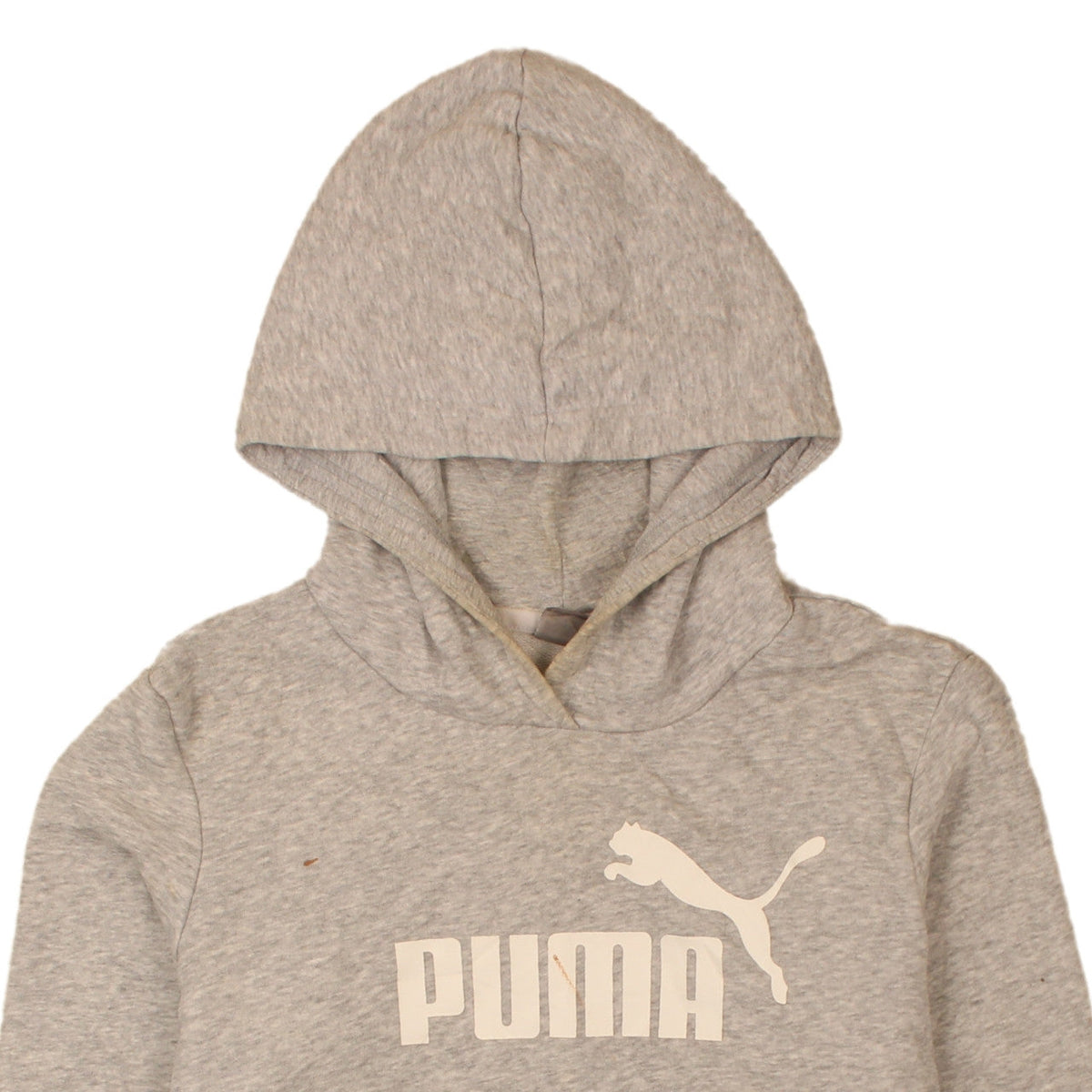 Brand and care label for Puma women’s grey pullover hoodie medium logo sweatshirt