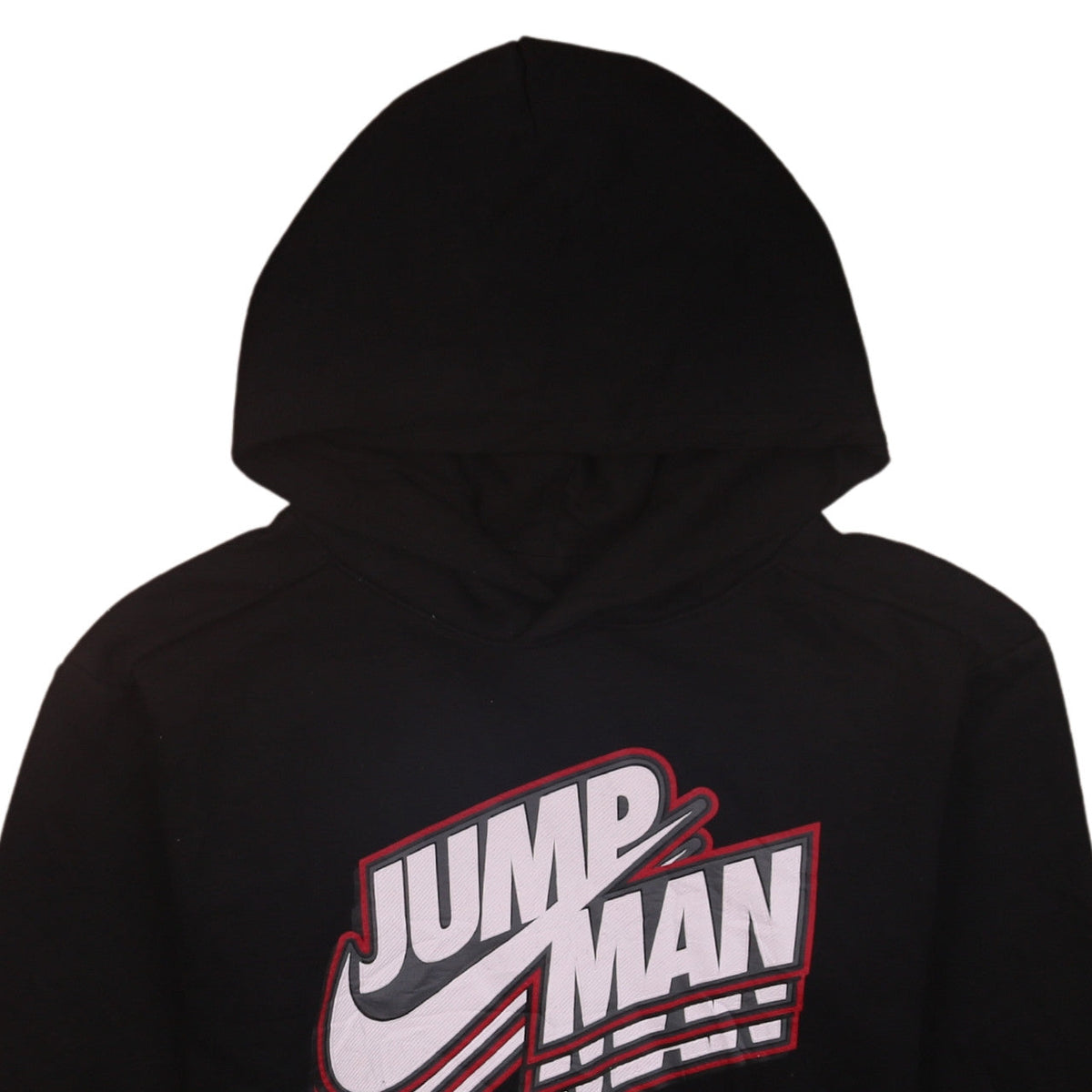 Brand and care label for Jordan boys’ black jumpman pullover hoodie 12-13 years fleece sweatshirt