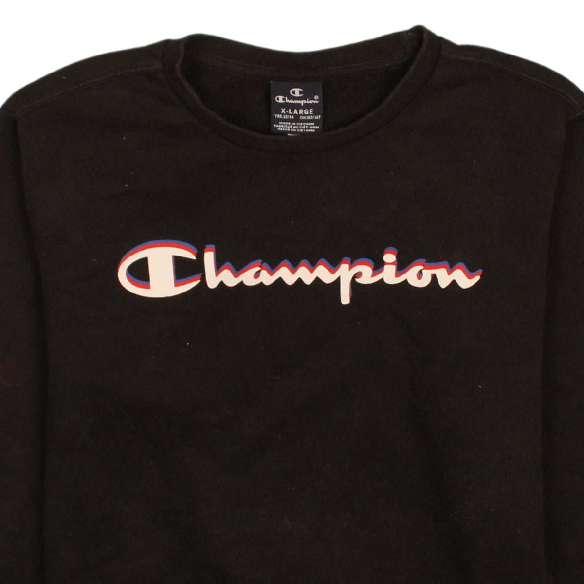 Brand and care label for Champion boys’ black pullover sweatshirt 13-14 years logo fleece top