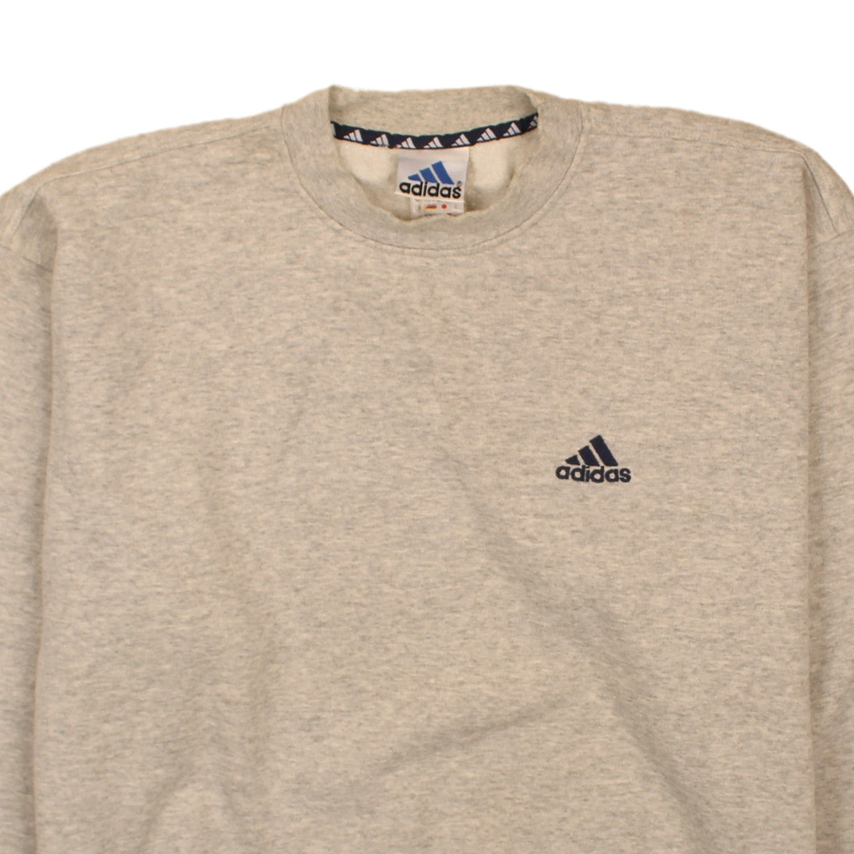 Brand and care label for adidas men’s beige pullover sweatshirt, size L, crew neck logo sportswear