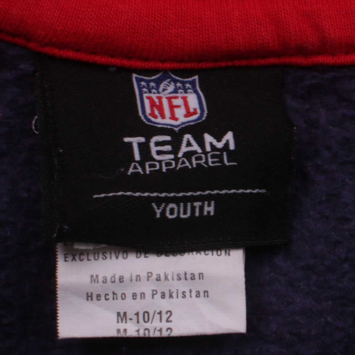Close-up detail of NFL Team Apparel boys’ blue patriots full zip hoodie, size 10-12, years