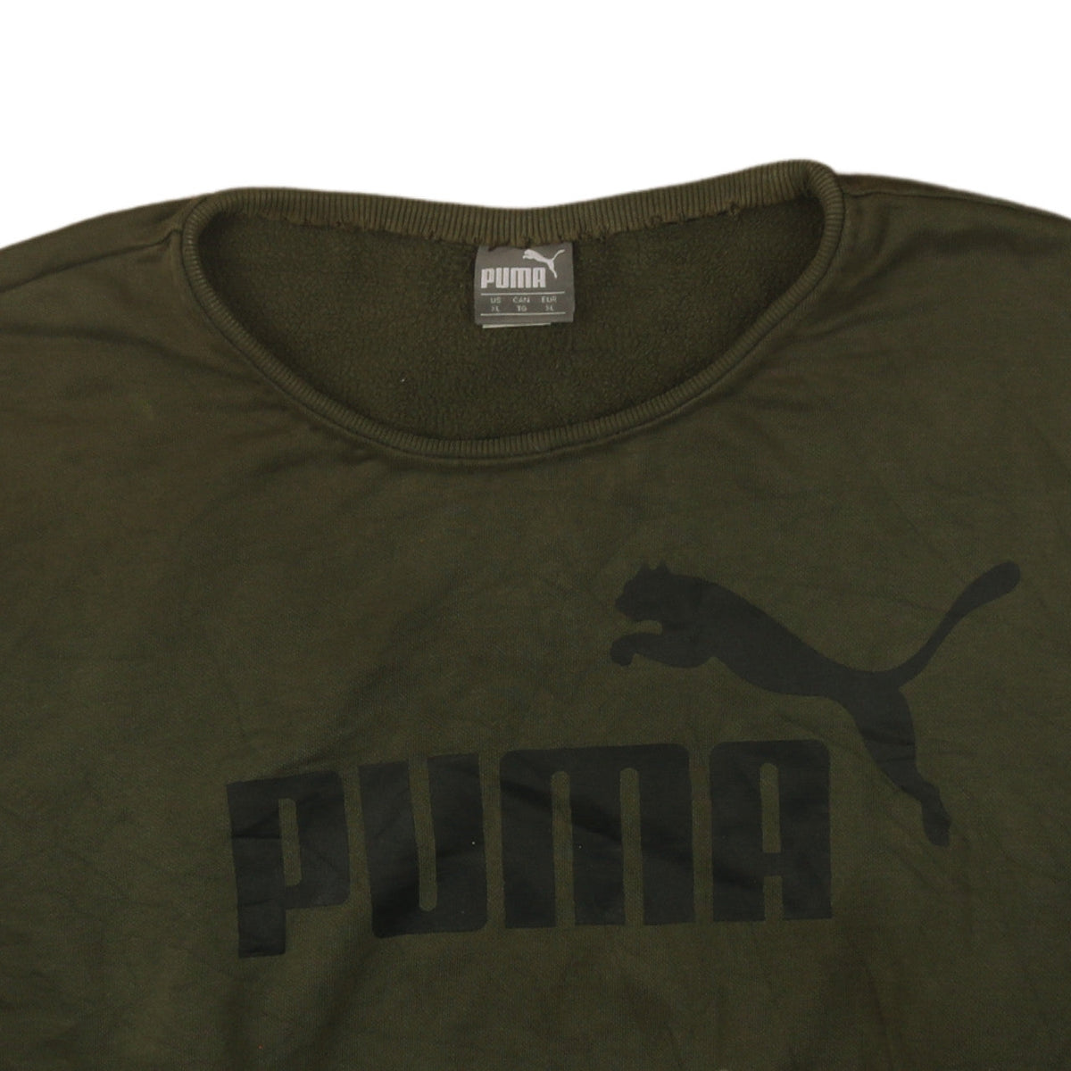 Brand and care label for Puma men’s green xl pullover fleece sweatshirt