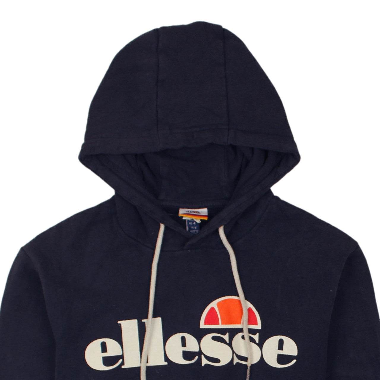 Brand and care label for Ellesse Women's Navy Blue Pullover Hoodie UK 8 Classic Logo Sweatshirt