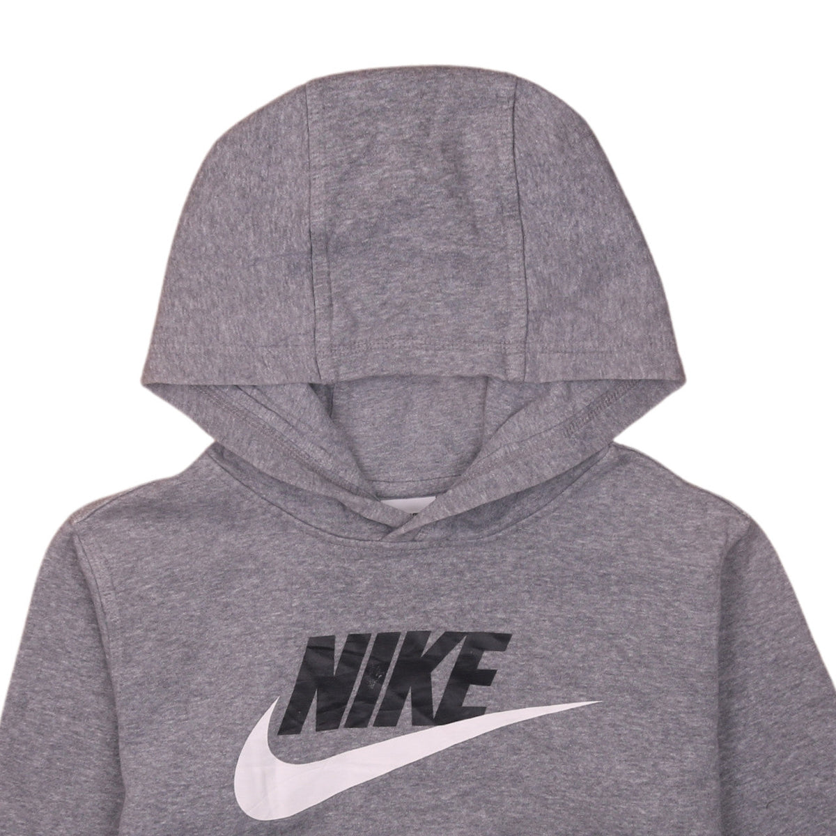 Brand and care label for Nike boys’ grey xl pullover fleece hoodie with logo print