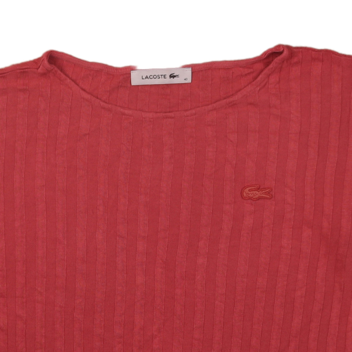 Brand and care label for Lacoste Women's Red Crew Neck Cotton Knit T-Shirt, size 12