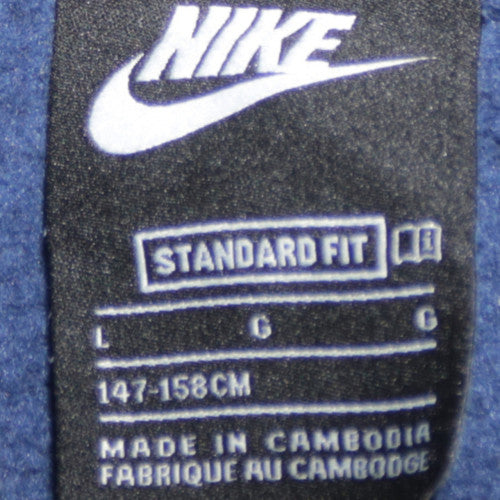 Brand and care label for Nike boys’ navy blue full zip hoodie, size L, 147-158cm standard fit
