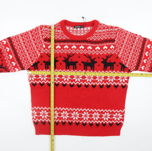 Boohoo Men's Red Fair Isle Reindeer Christmas Jumper XL