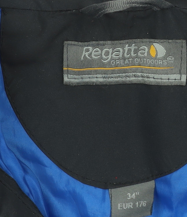 Brand and care label for Regatta women’s grey waterproof outdoor jacket, size UK 34, regular fit
