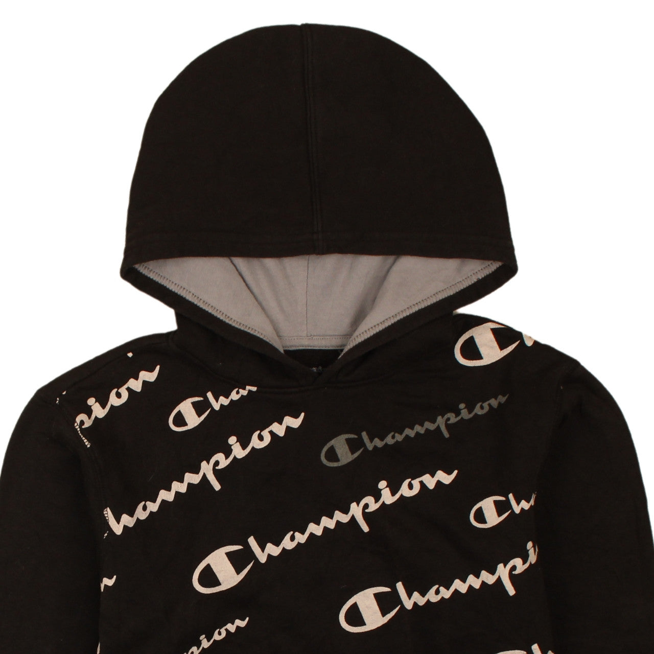 Brand and care label for Champion boys’ black xl pullover fleece hoodie with logo print