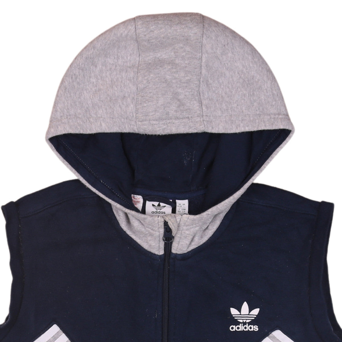 Brand and care label for Adidas boys’ grey & navy full zip sleeveless hoodie age 13-14 years