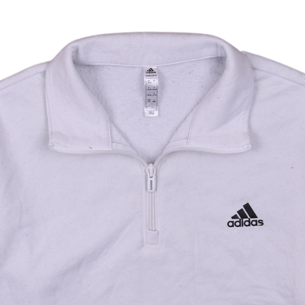 Brand and care label for Adidas women’s white 1/2 zip pullover sweatshirt l 16-18 primegreen
