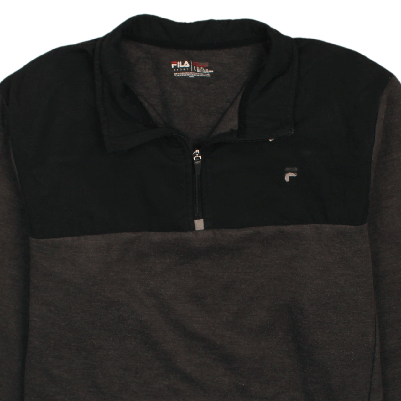 Brand and care label for Fila Men’s Grey 1/4 Zip Sweatshirt, size L, Regular Fit Logo Sport Top