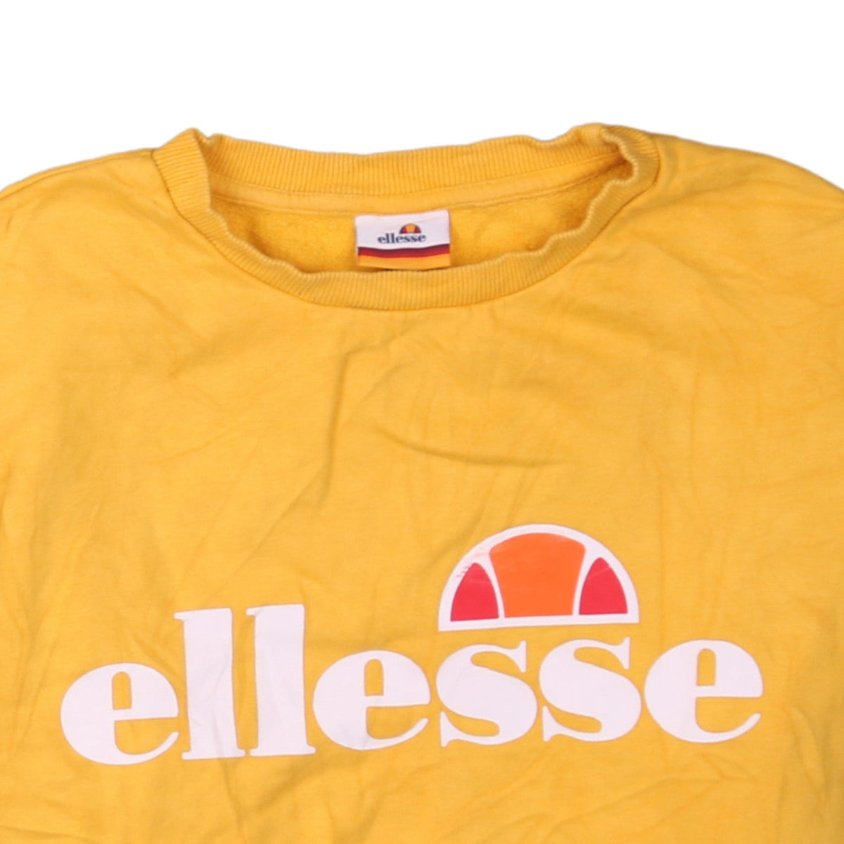 Brand and care label for Ellesse women’s yellow logo pullover sweatshirt uk 8
