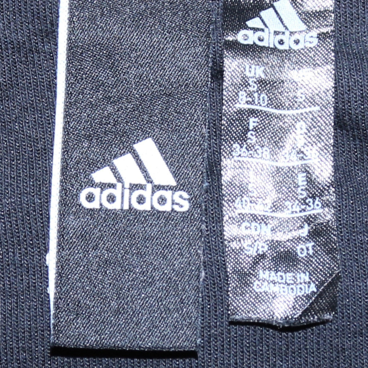 Close-up detail of Adidas women’s black track jacket, size UK 8, full zip sportswear