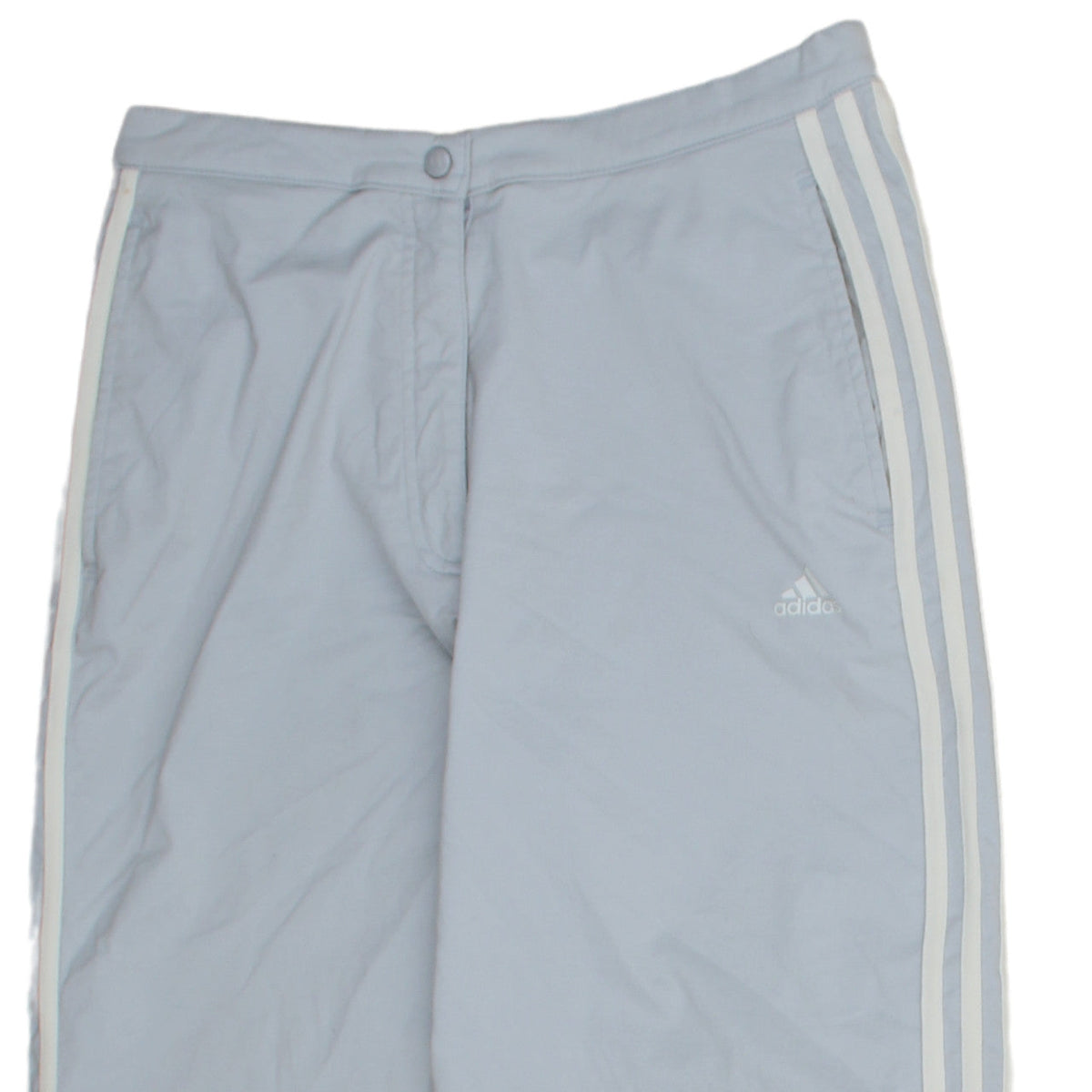 Brand and care label for Adidas women’s light grey track trousers, size UK 14, casual sportswear