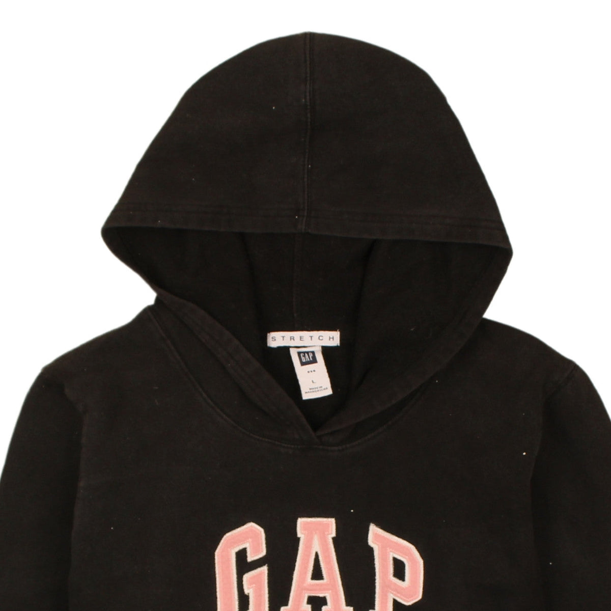 Brand and care label for Gap girls’ black pullover hoodie large stretch cotton logo sweatshirt