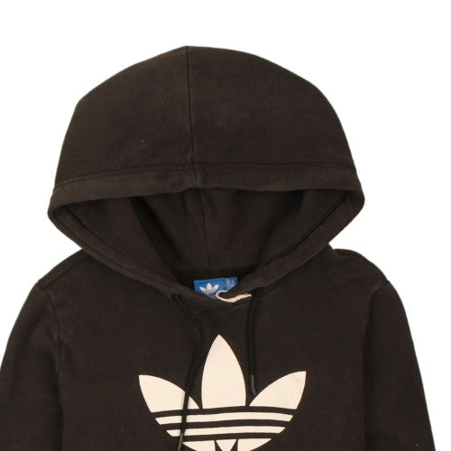 Brand and care label for Adidas women’s black pullover hoodie, size UK 10, s classic trefoil logo