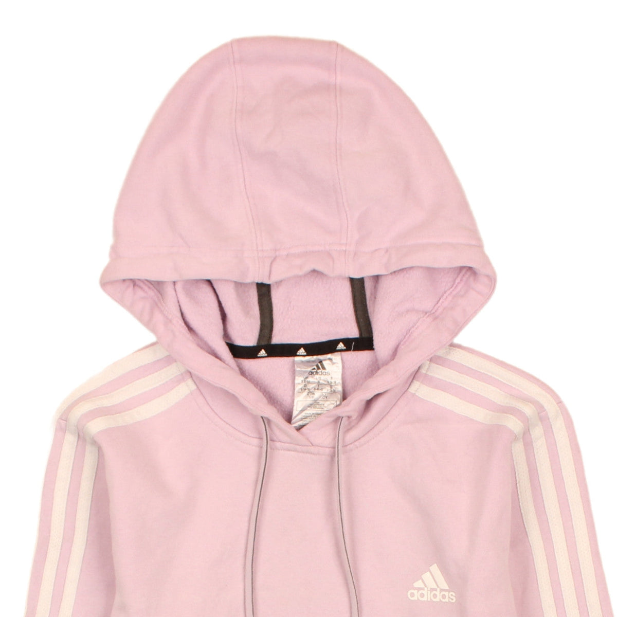 Brand and care label for Adidas women’s pink pullover hoodie, size S, 8-10 hooded sweatshirt